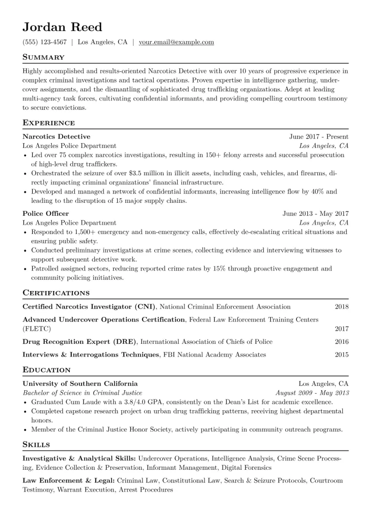 Narcotics Detective Resume Example CV template preview