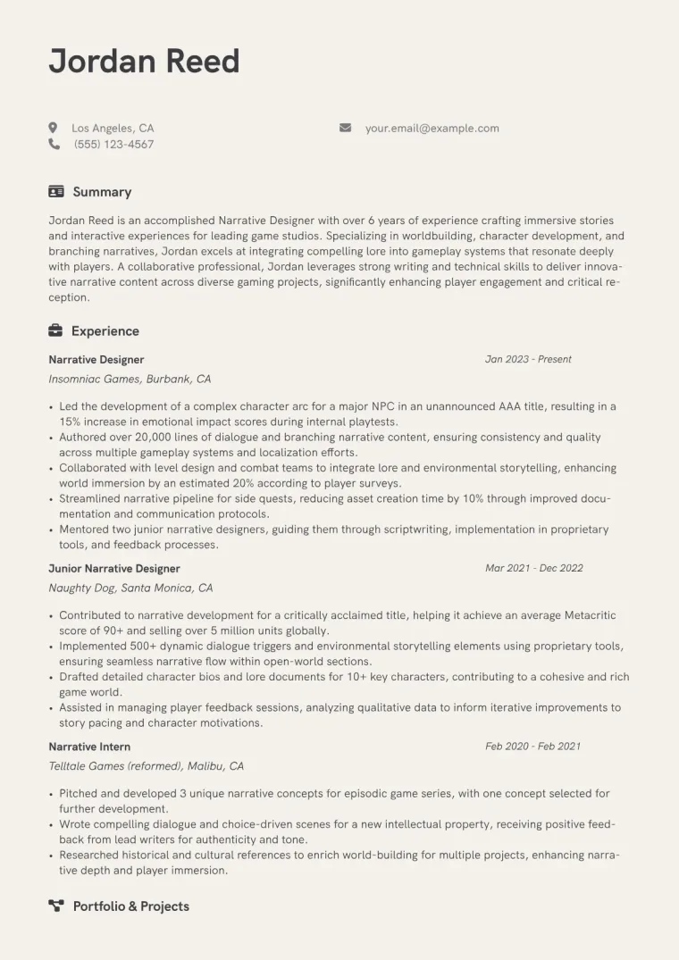 Narrative Designer Resume Example CV template preview