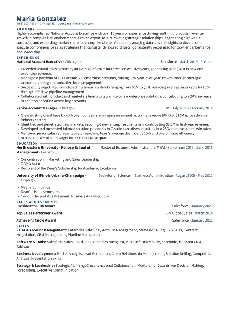 National Account Executive Resume Example CV template preview