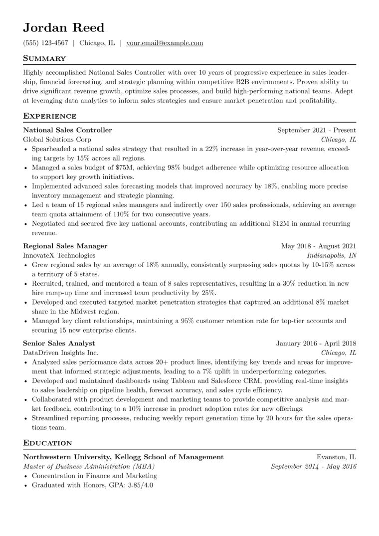 National Sales Controller Resume Example CV template preview