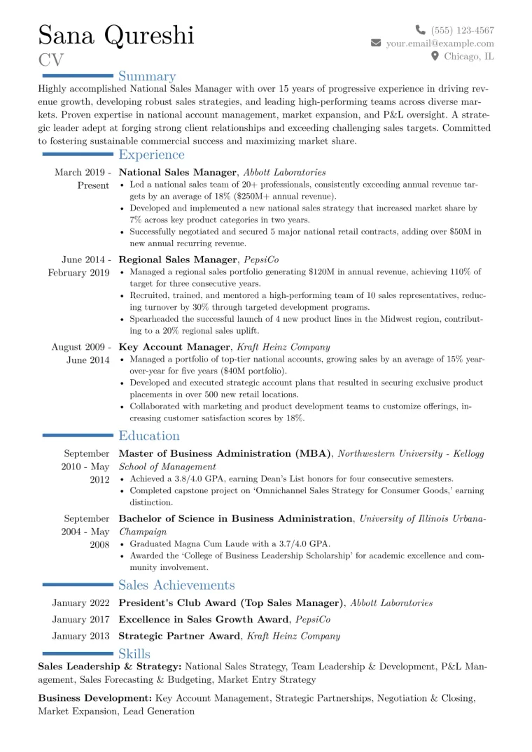 National Sales Manager Resume Example CV template preview