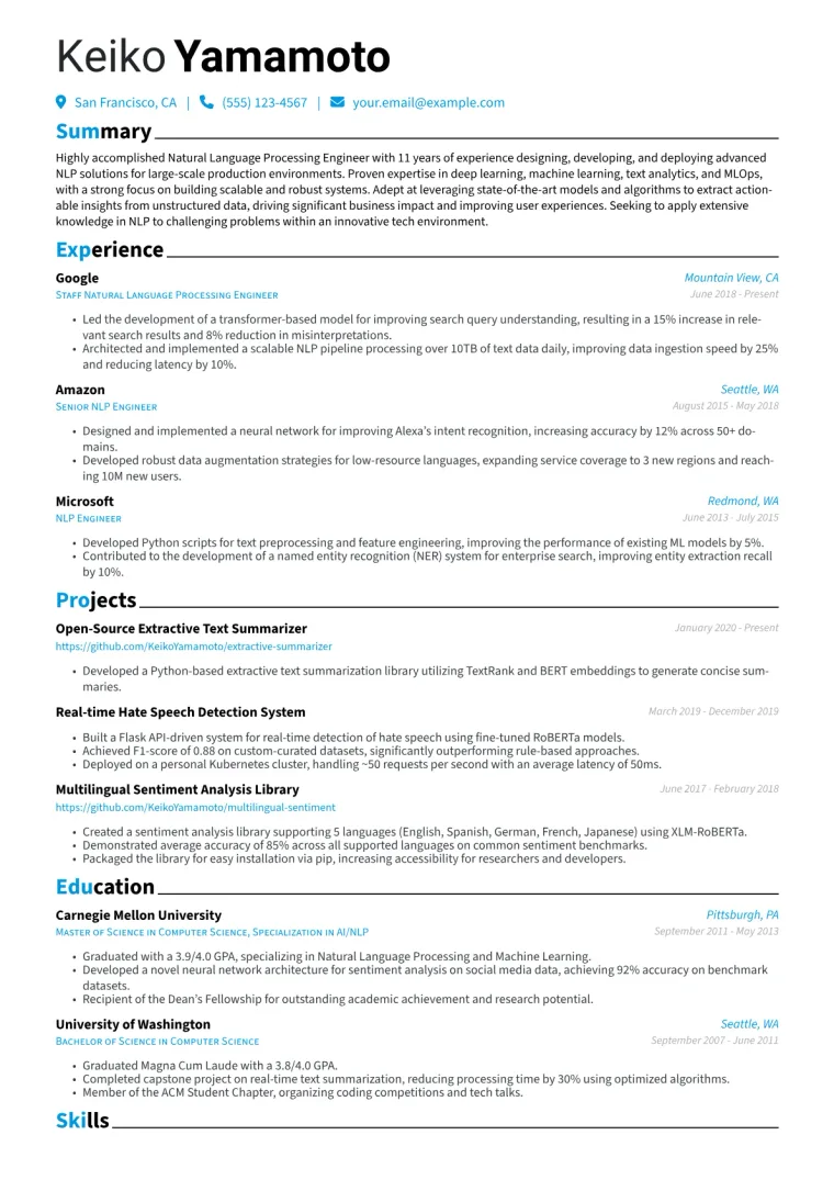 Natural Language Processing Engineer Resume Example CV template preview