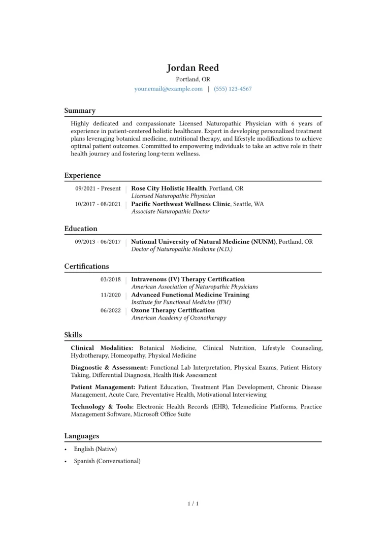 Naturopath Resume Example CV template preview