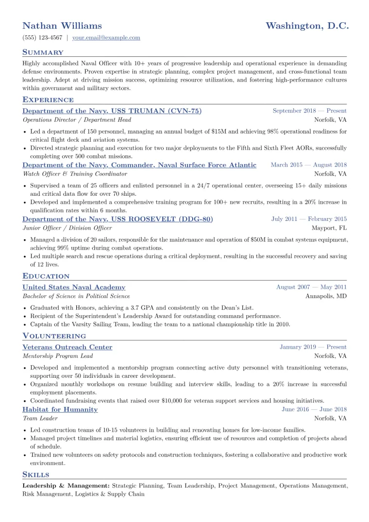 Naval Officer Resume Example CV template preview