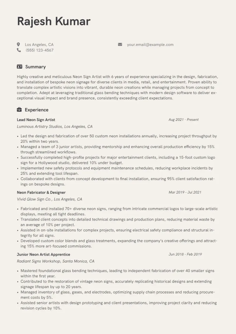 Neon Sign Artist Resume Example CV template preview