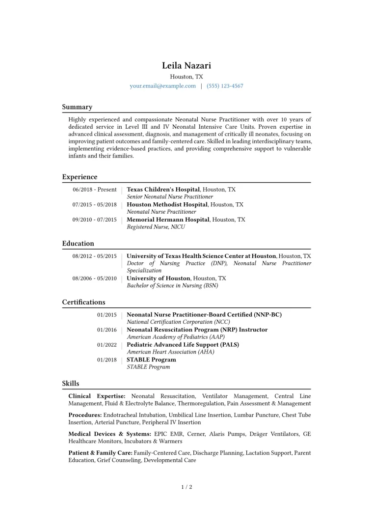 Neonatal Nurse Practitioner Resume Example CV template preview