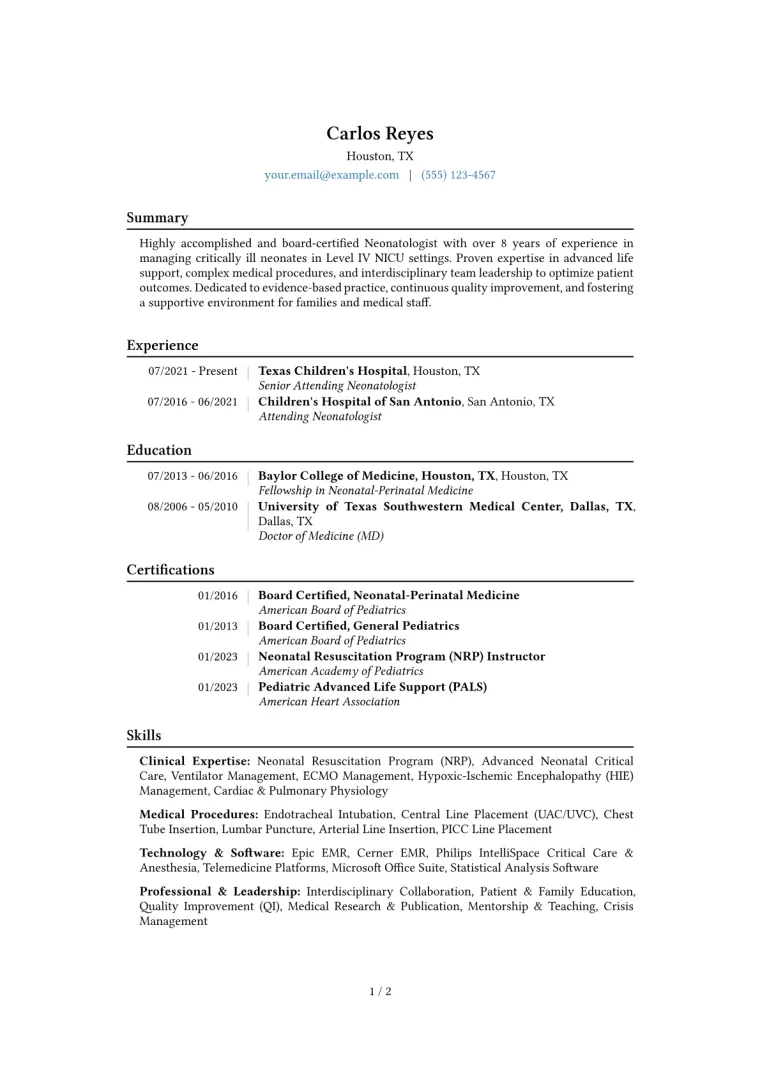 Neonatologist Resume Example CV template preview