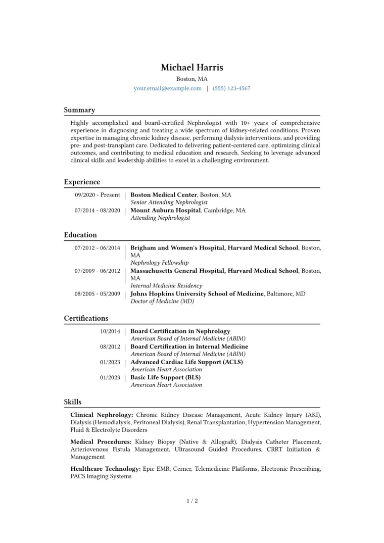 Nephrologist Resume Example CV template preview