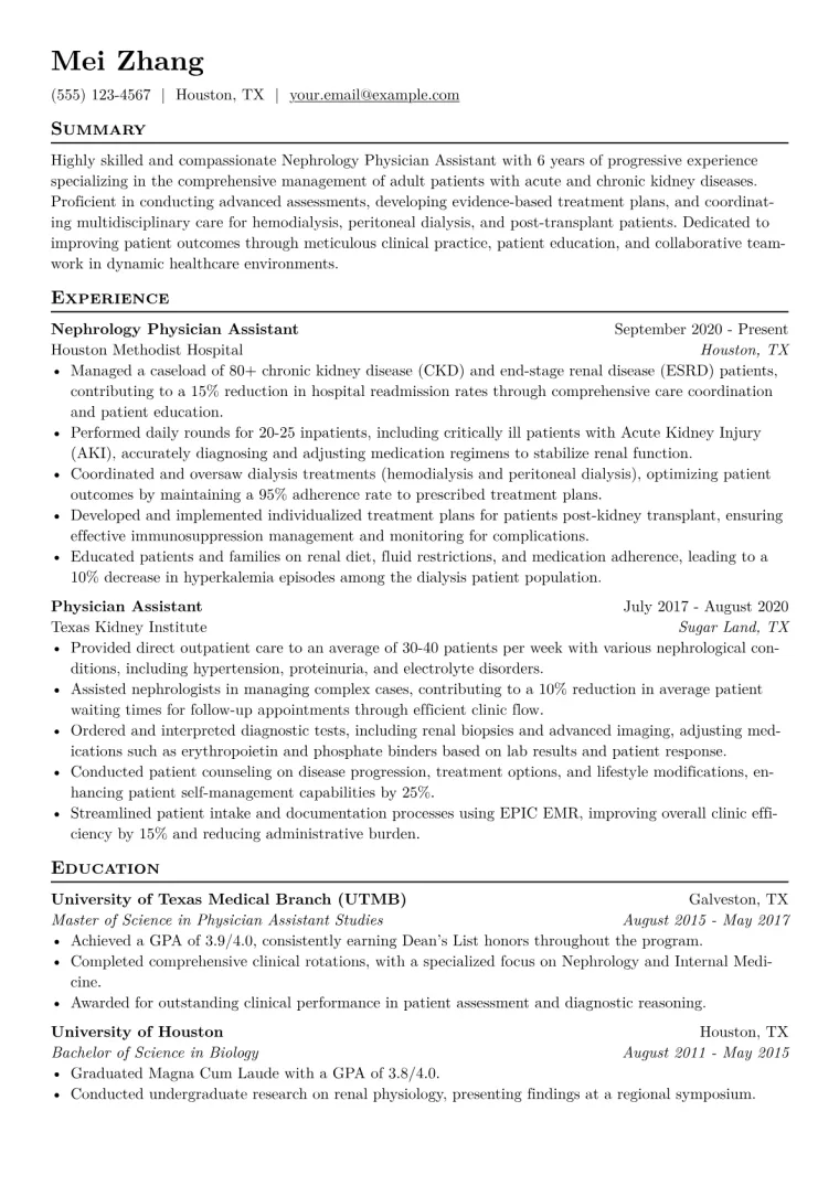 Nephrology PA Resume Example CV template preview
