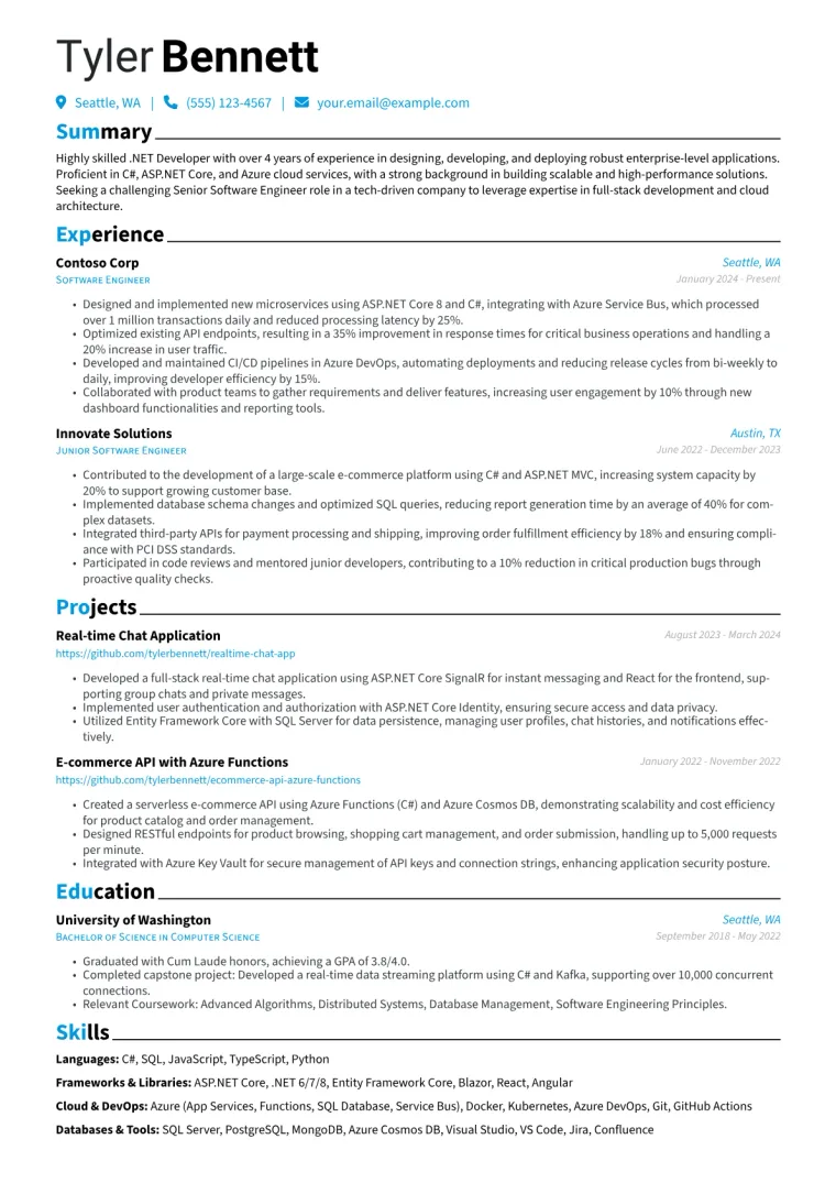 .NET Developer Resume Example CV template preview
