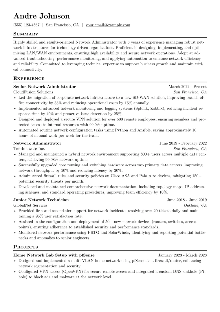 Network Administrator Resume Example CV template preview