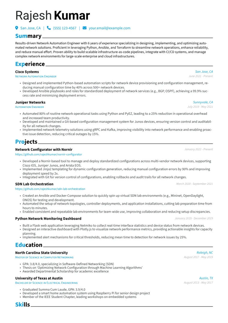 Network Automation Engineer Resume Example CV template preview