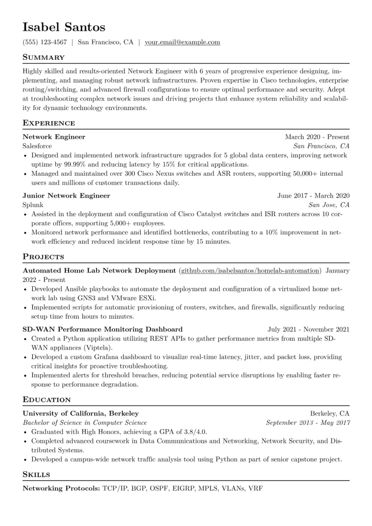 Network Engineer Resume Example CV template preview