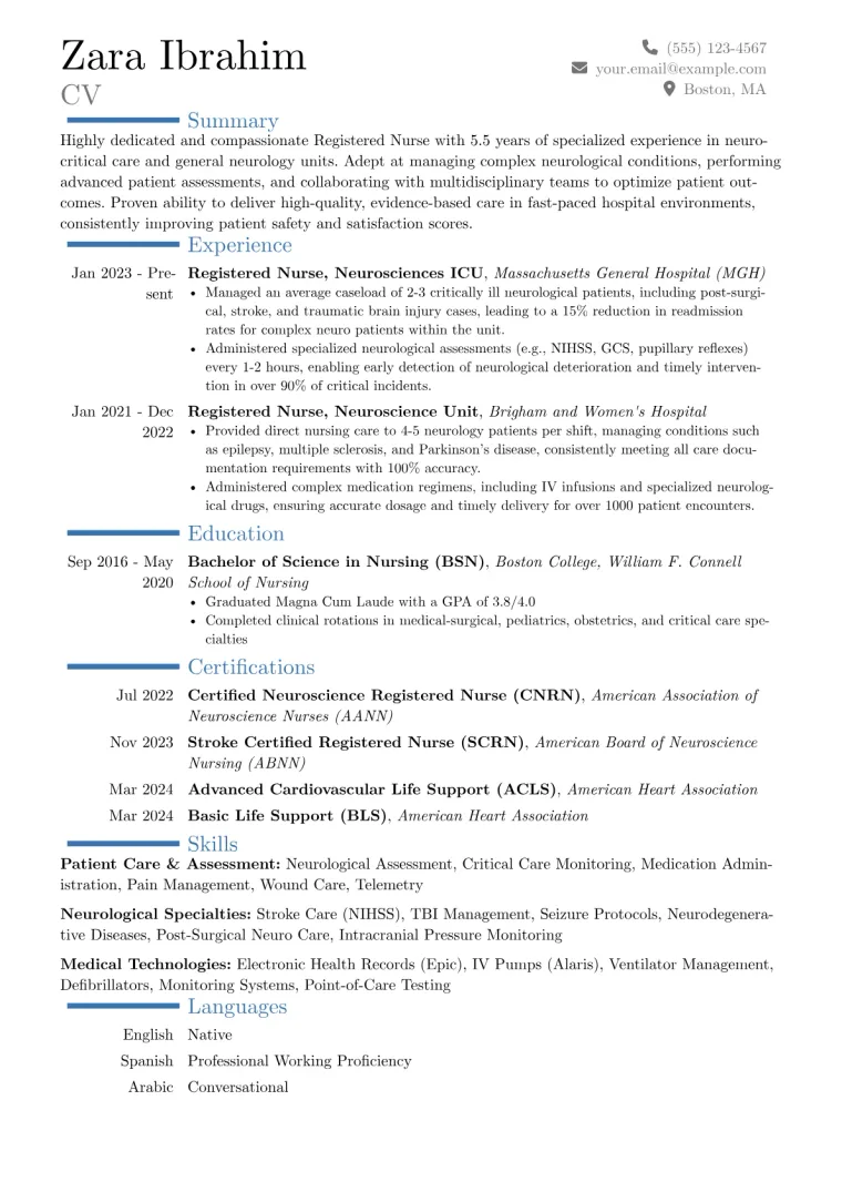 Neuro Nurse Resume Example CV template preview