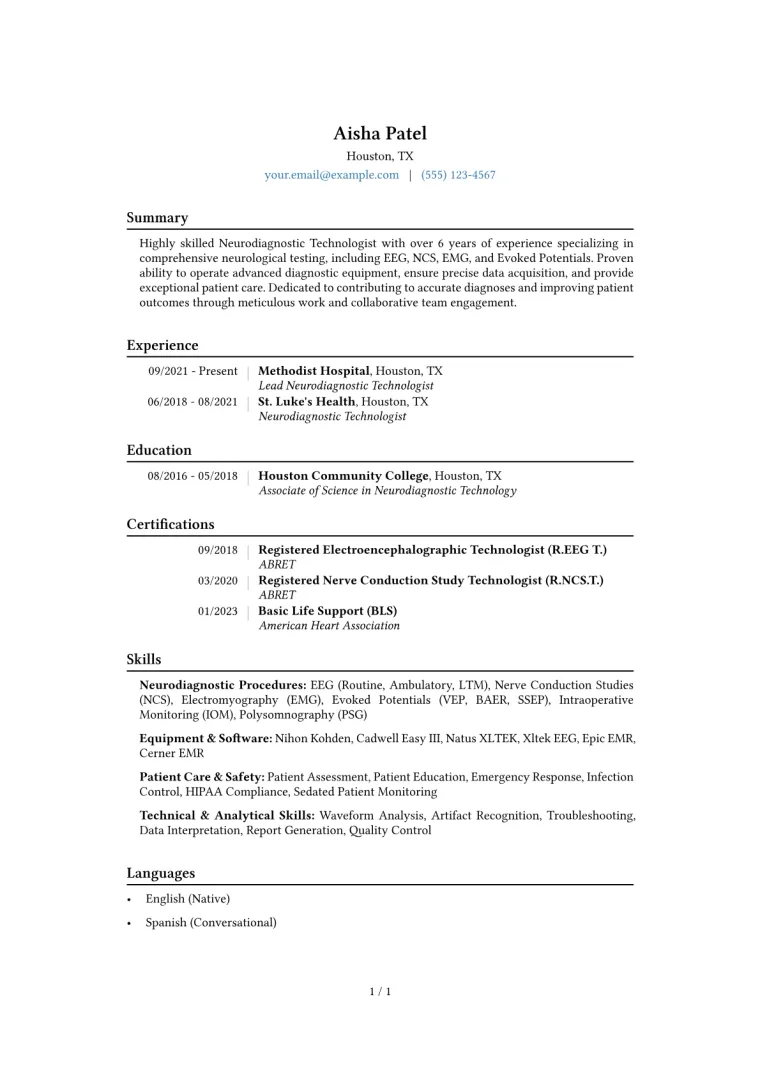 Neurodiagnostic Technologist Resume Example CV template preview