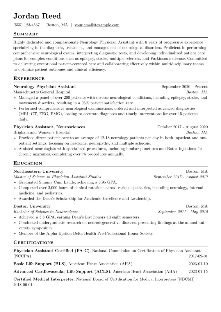 Neurology PA Resume Example CV template preview