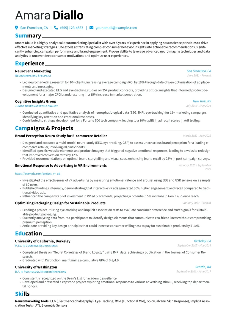 Neuromarketing Specialist Resume Example CV template preview