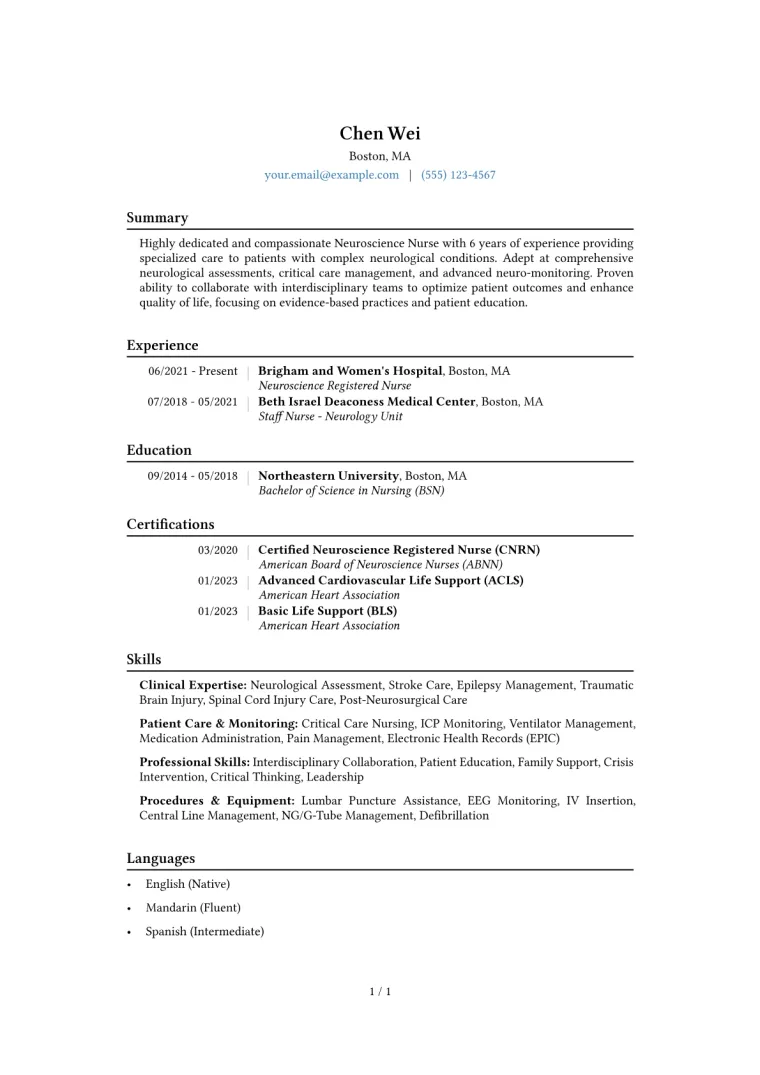 Neuroscience Nurse Resume Example CV template preview