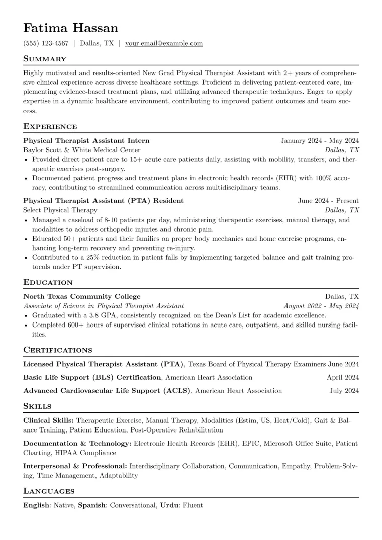 New Grad Physical Therapist Assistant Resume Example preview