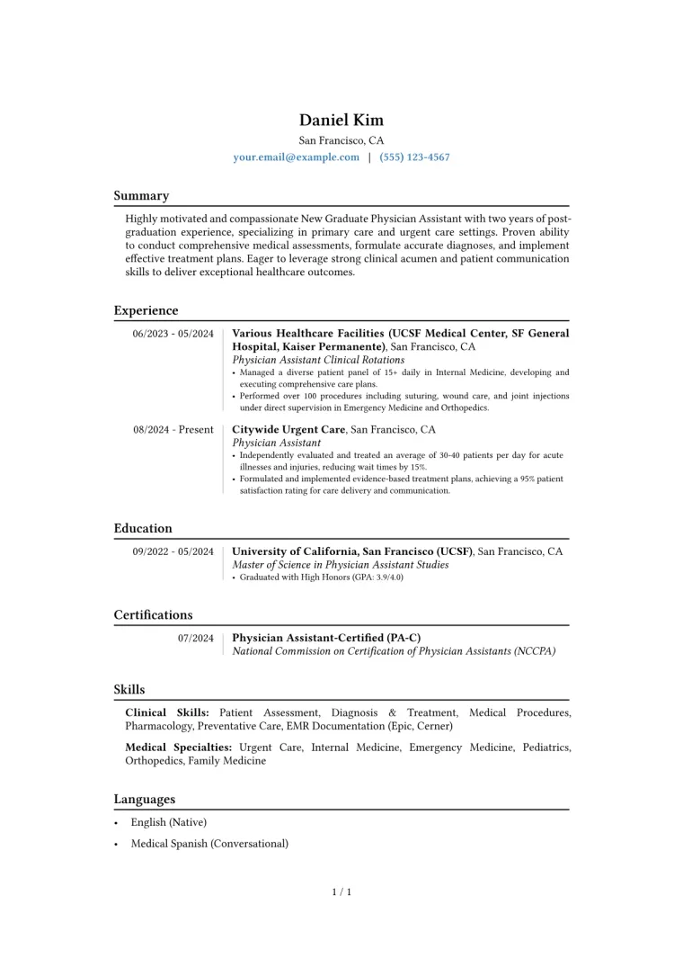 New Grad Physician Assistant Resume Example preview