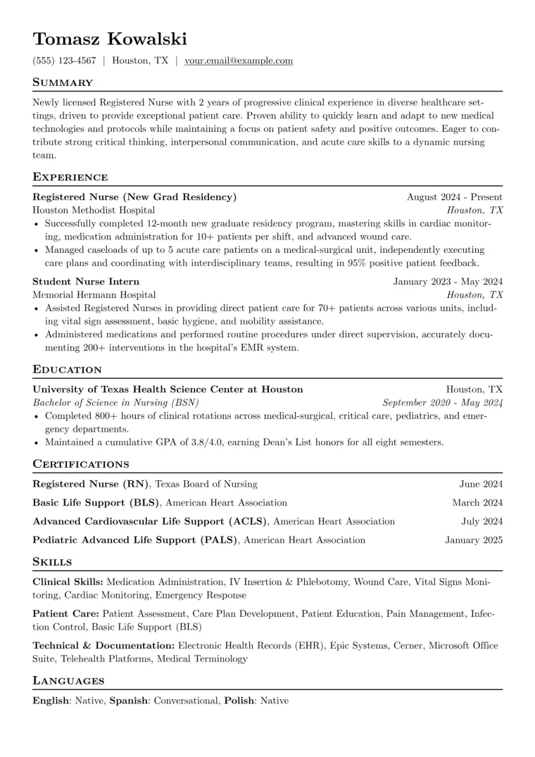 New Grad Registered Nurse Resume Example CV template preview