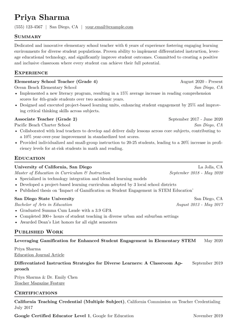 New Teacher Resume Example CV template preview