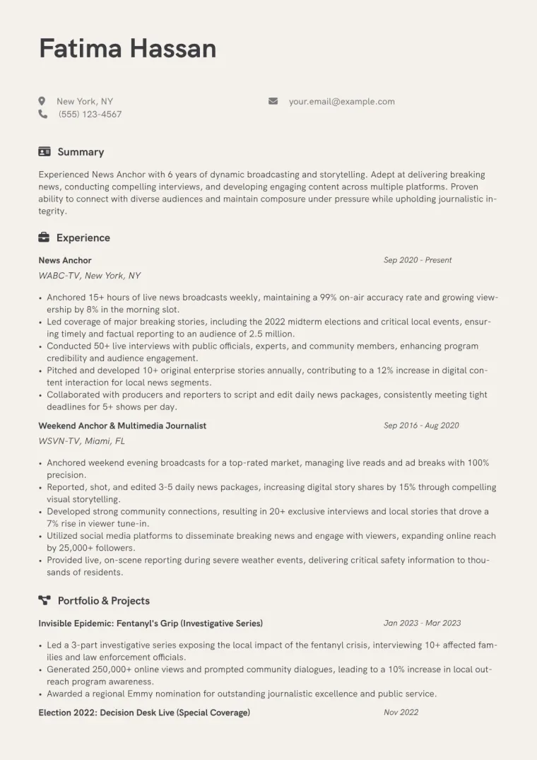 News Anchor Resume Example CV template preview