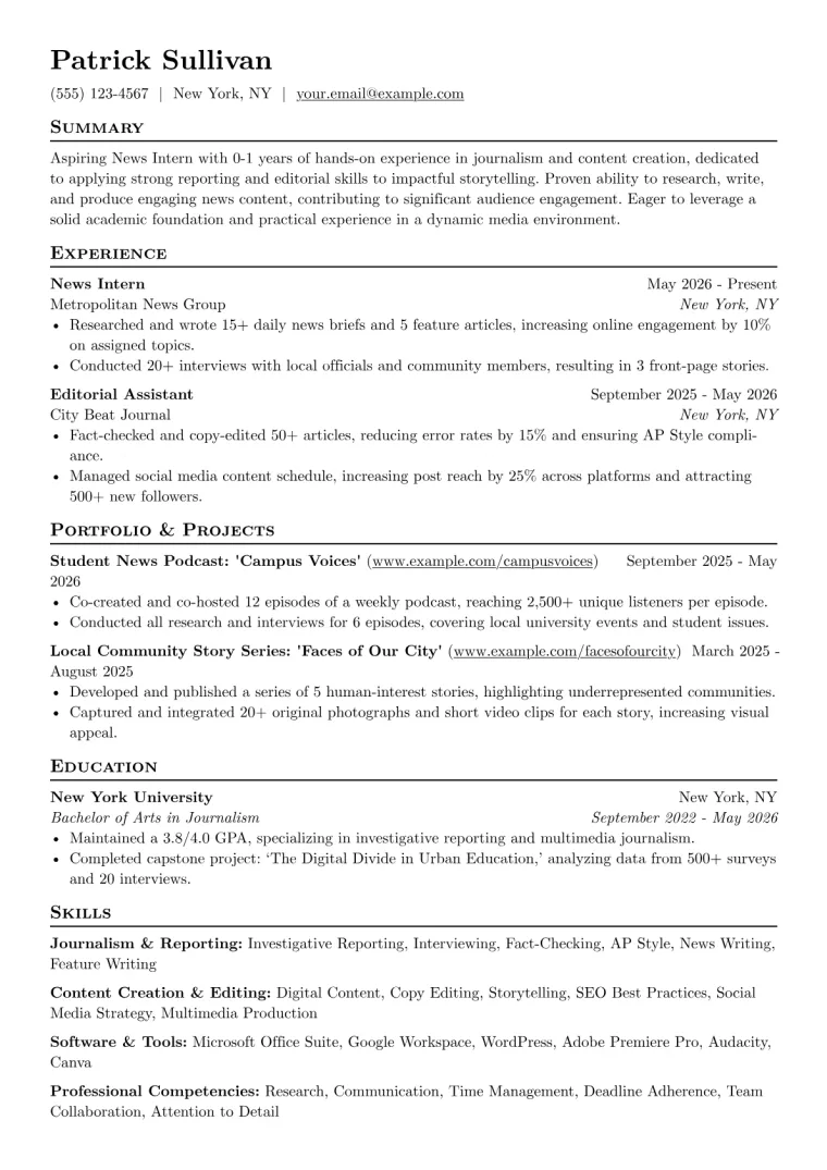 News Intern Resume Example CV template preview