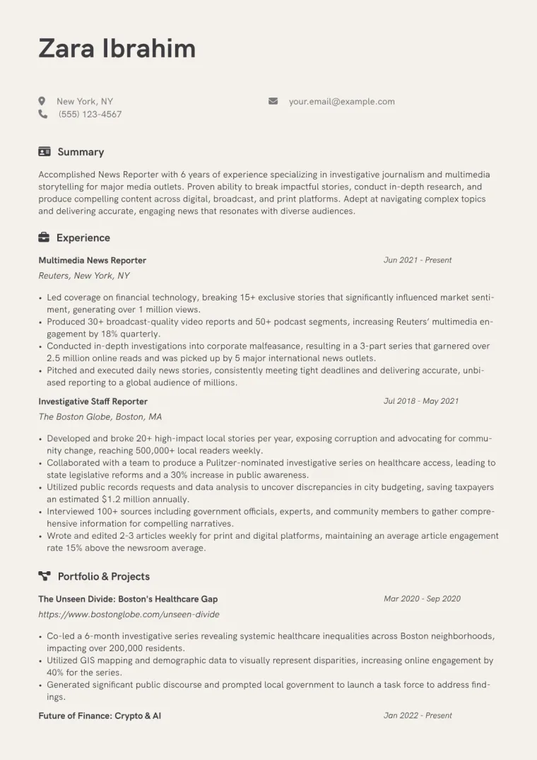 News Reporter Resume Example CV template preview