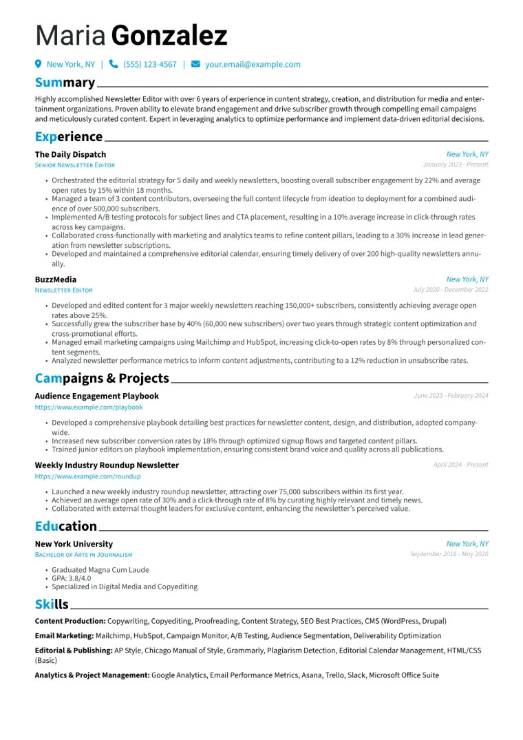 Newsletter Editor Resume Example CV template preview