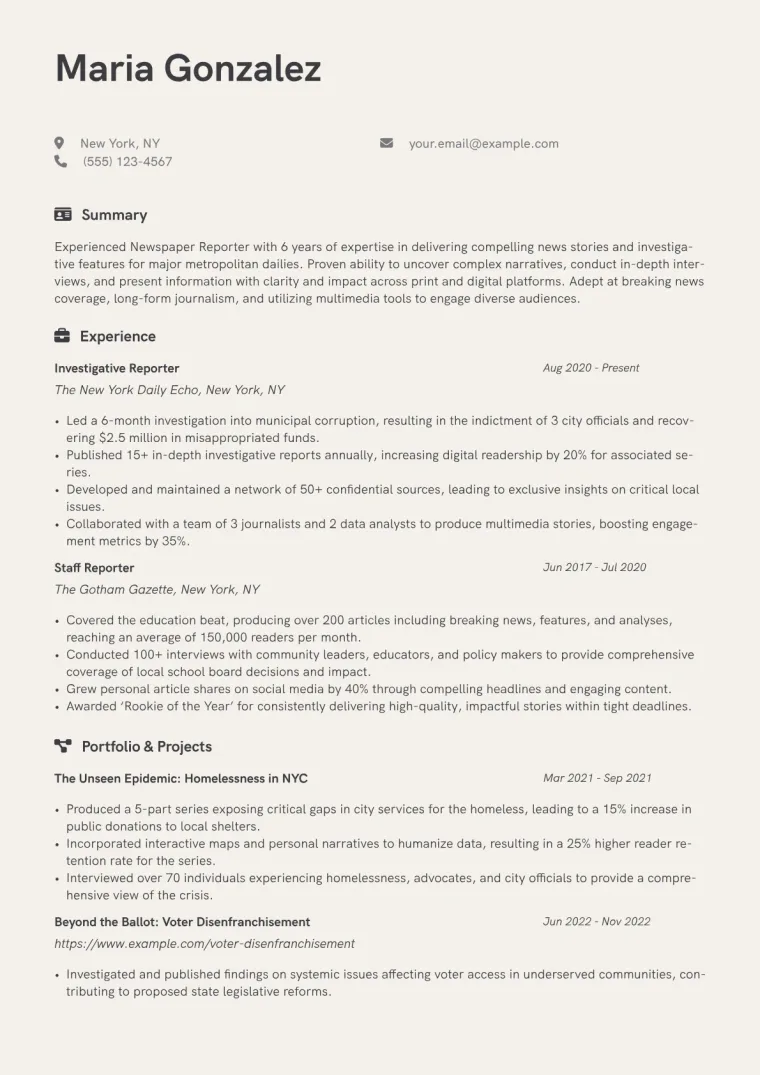 Newspaper Reporter Resume Example CV template preview