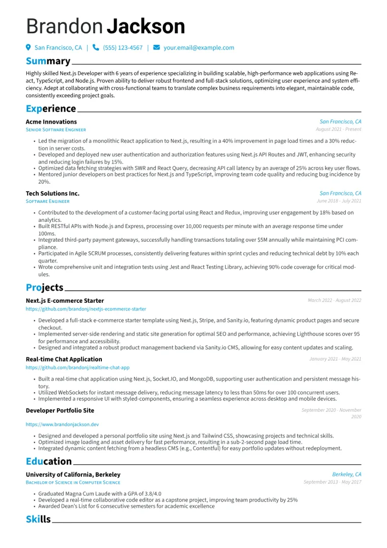 Next.js Developer Resume Example CV template preview