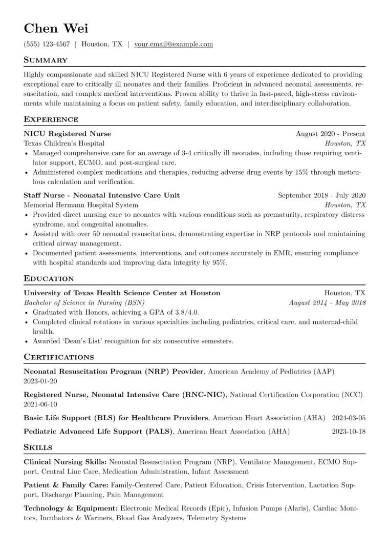 NICU Nurse Resume Example CV template preview