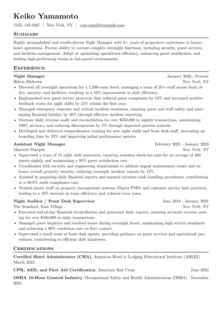 Night Manager Resume Example CV template preview