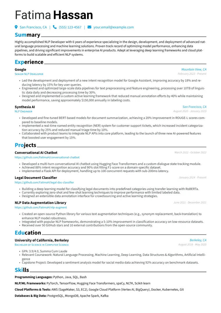 NLP Developer Resume Example CV template preview