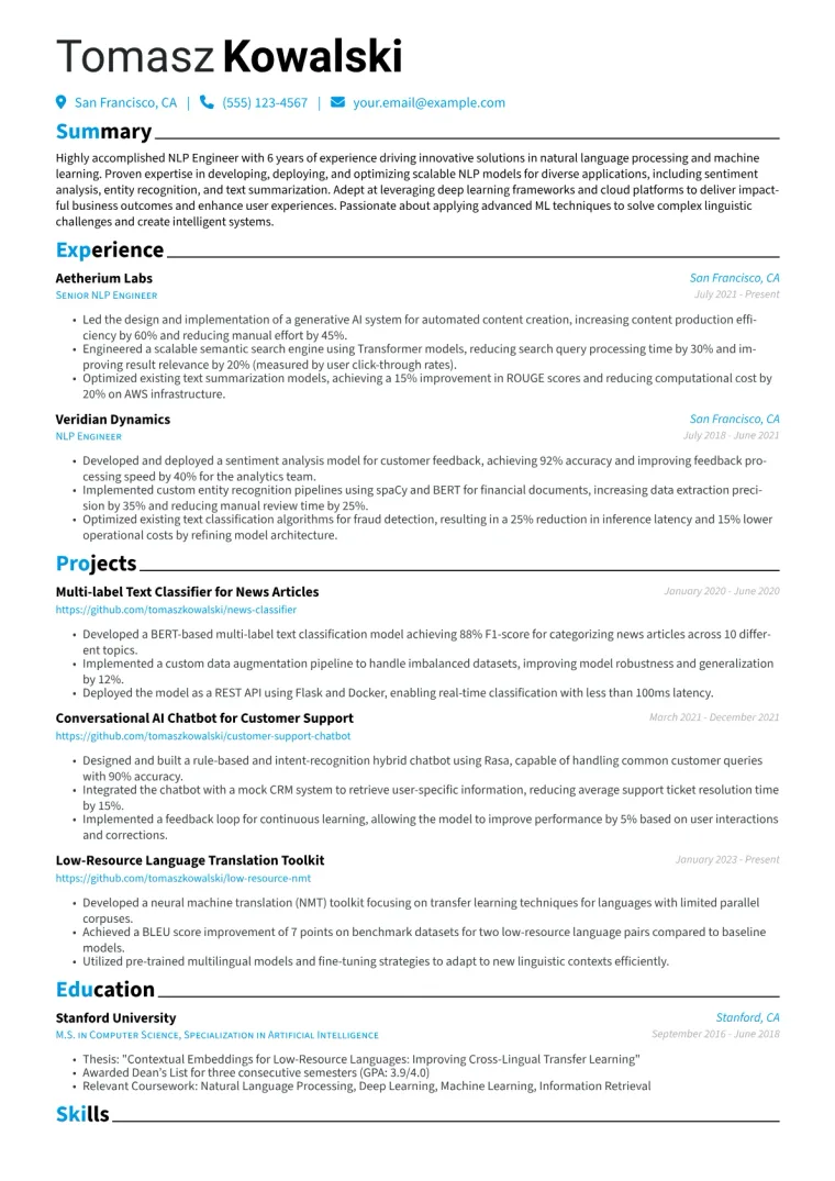 NLP Engineer Resume Example CV template preview