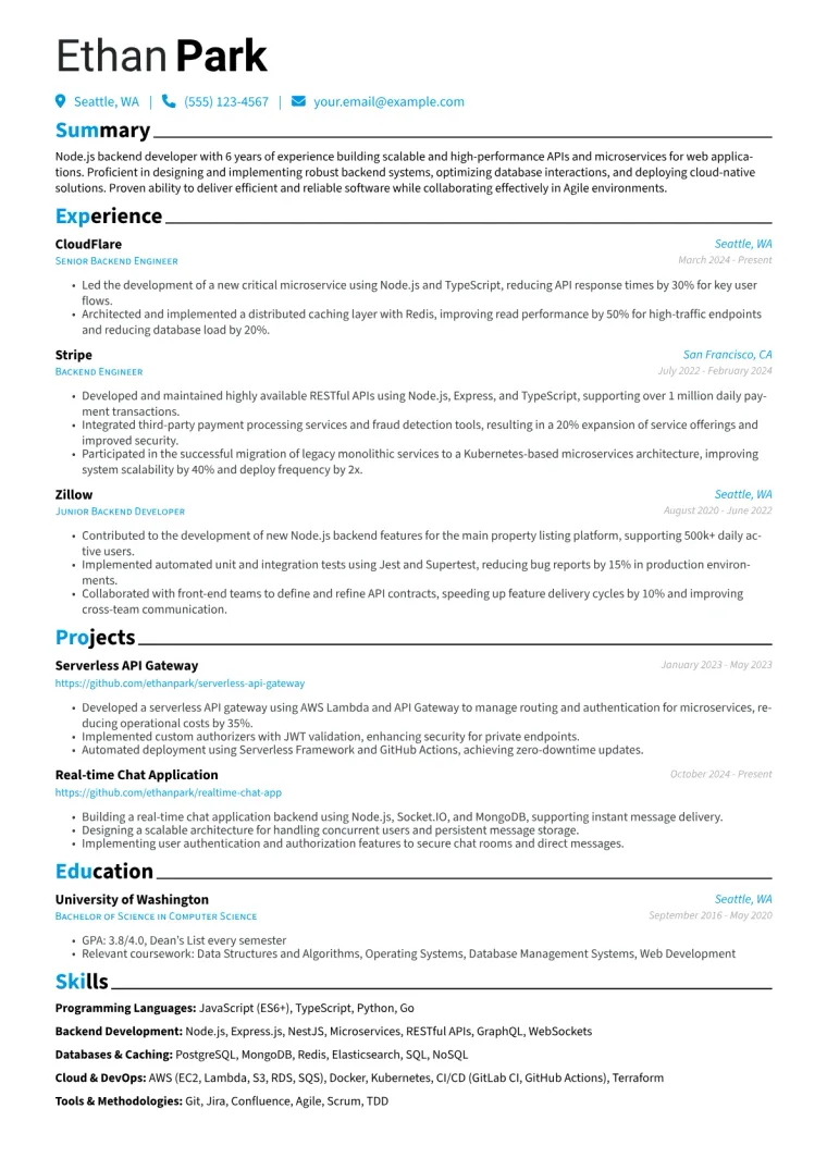 Node.js Backend Developer Resume Example CV template preview