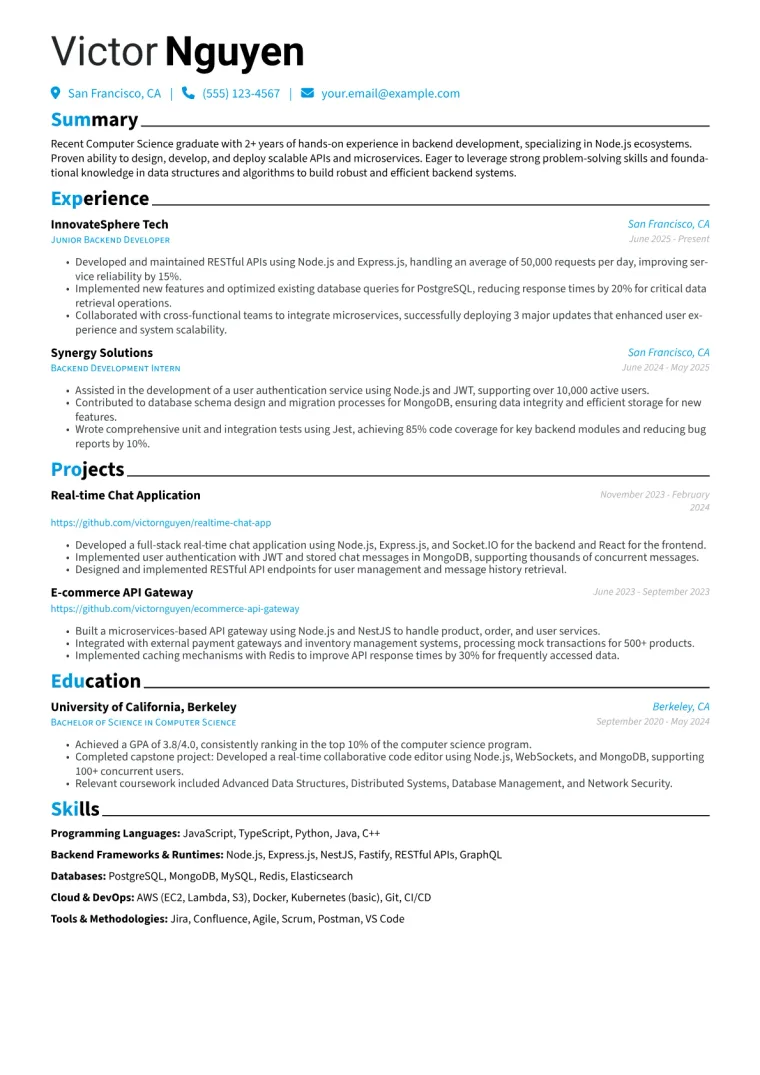 Node.js Fresher Resume Example CV template preview