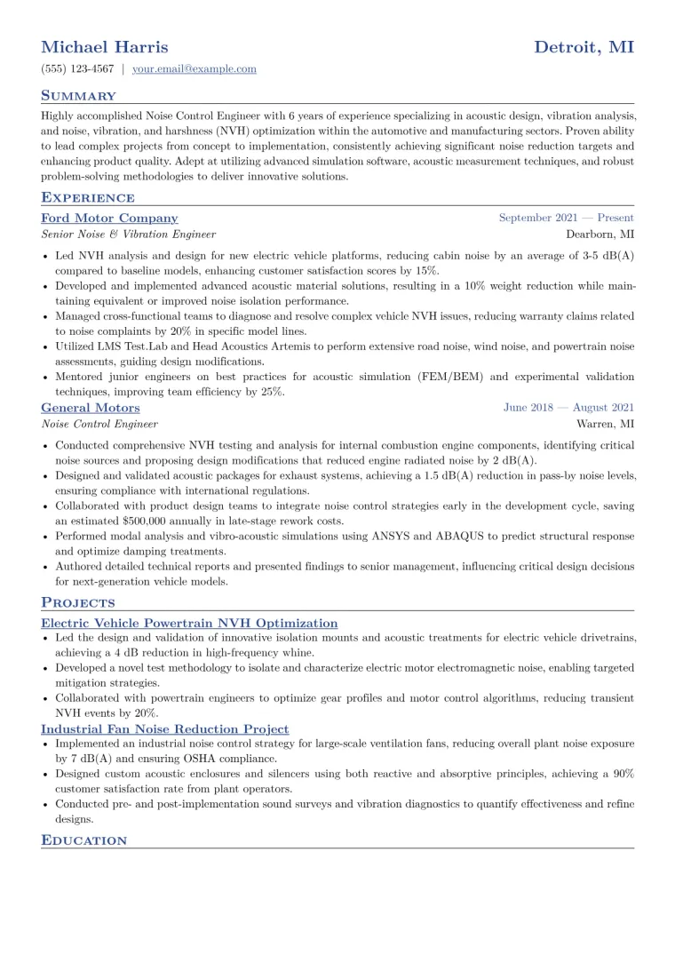 Noise Control Engineer Resume Example CV template preview
