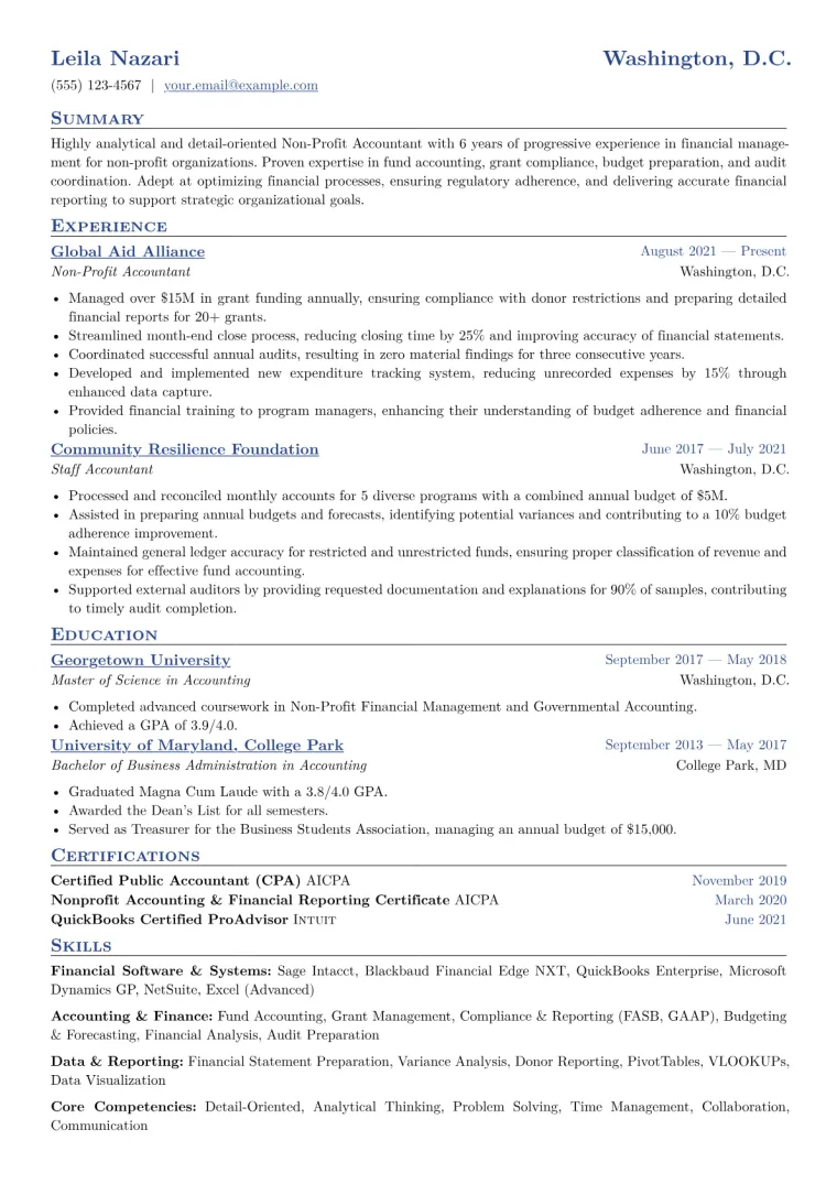 Non-Profit Accountant Resume Example CV template preview