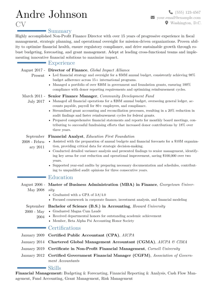 Non-Profit Finance Director Resume Example CV template preview