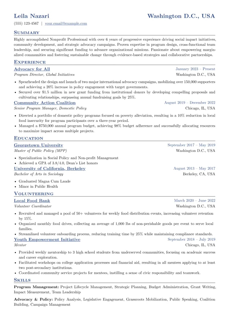 Nonprofit Professional Resume Example CV template preview