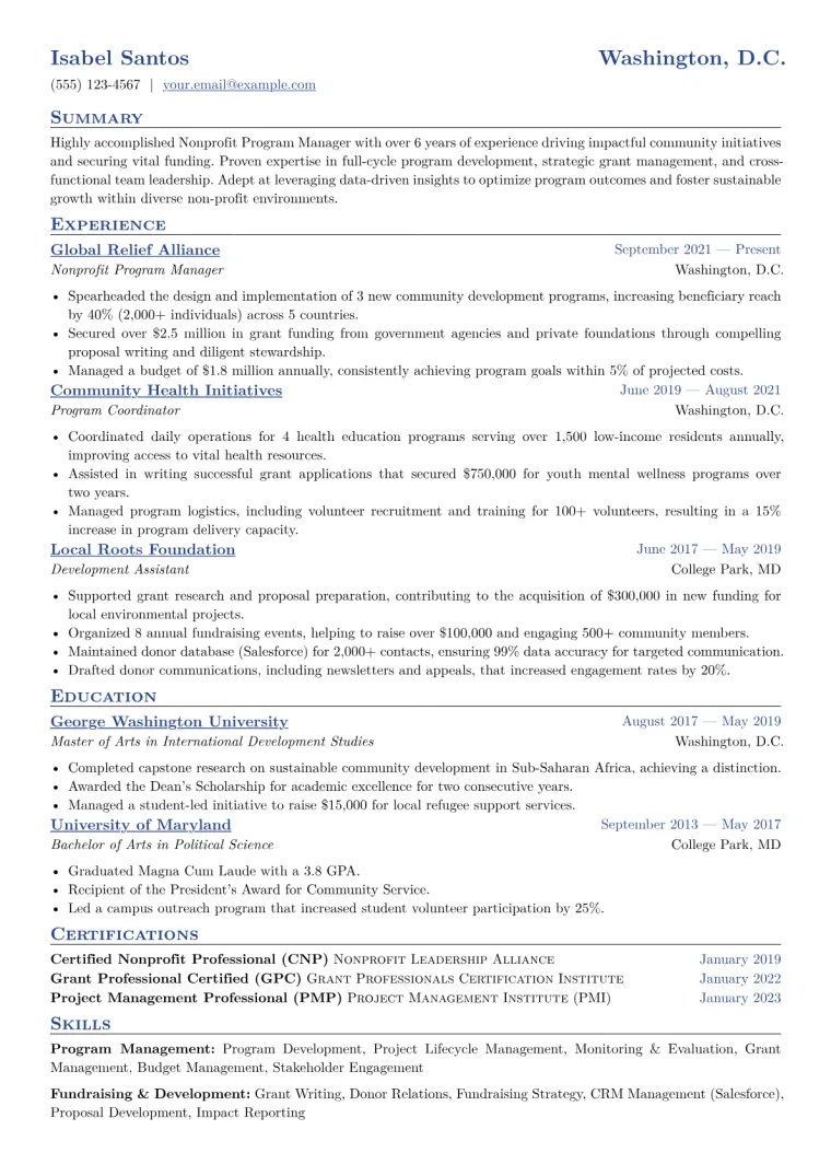 Nonprofit Program Manager Resume Example CV template preview