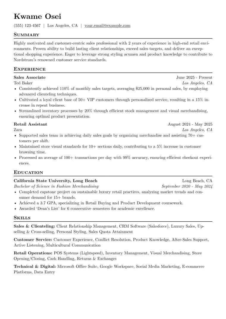 Nordstrom Resume Example CV template preview
