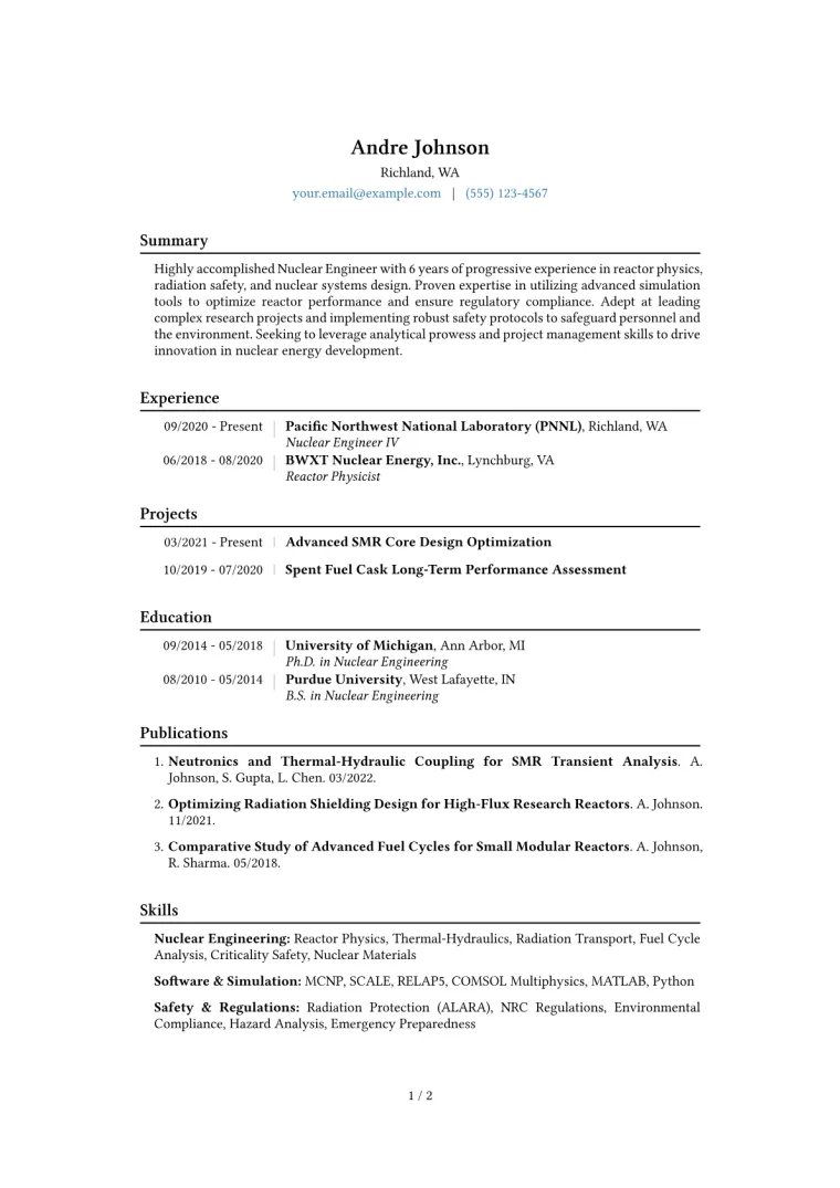 Nuclear Engineer Resume Example CV template preview