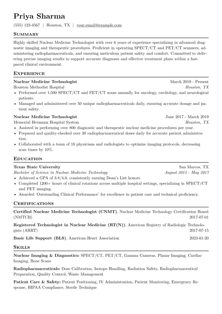 Nuclear Medicine Technologist Resume Example CV template preview