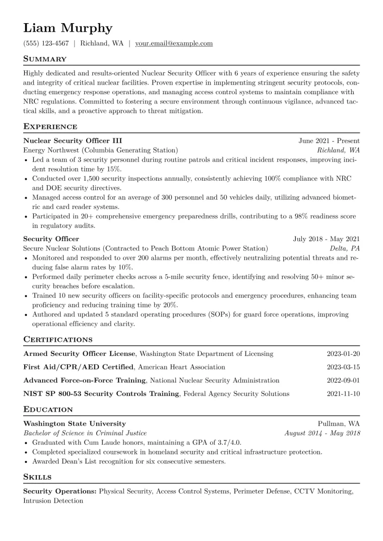 Nuclear Security Officer Resume Example CV template preview