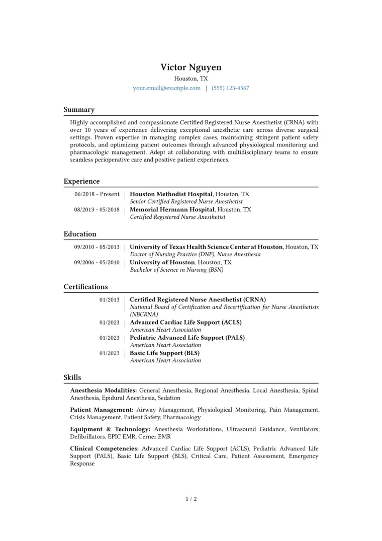 Nurse Anesthetist Resume Example CV template preview