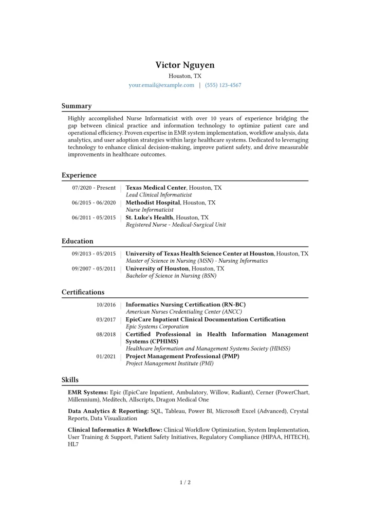 Nurse Informaticist Resume Example CV template preview