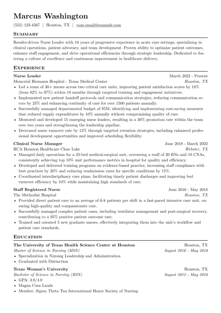 Nurse Leader Resume Example CV template preview
